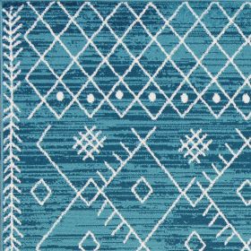 7' Ocean Blue Machine Woven Geometric Tribal Indoor Runner Rug