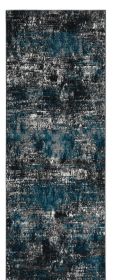 7' Grey Blue Machine Woven Abstract Indoor Runner Rug