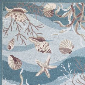 5' X 8' Seafoam Green Hand Hooked Sea Shells Indoor Area Rug