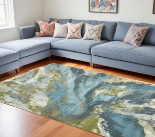 7' X 10' Teal Blue Machine Woven Watercolor Indoor Area Rug