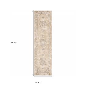 2' X 8' Beige And Ivory Center Jewel Runner Rug