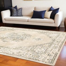 7' X 9' Beige And Ivory Center Jewel Area Rug