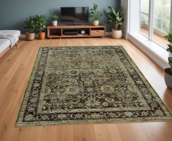 4' X 6' Green And Brown Floral Area Rug