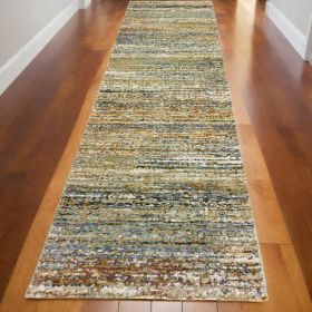 3' X 12' Gold And Green Abstract Runner Rug