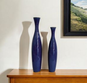 Set Of 2 Deep Indigo Blue Ceramic Tall Thin Vases