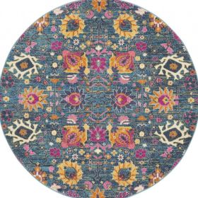 5' Blue And Orange Round Floral Power Loom Area Rug