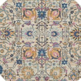 5' Orange And Ivory Round Floral Power Loom Area Rug