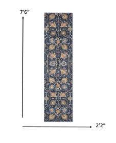 8' Navy Blue Floral Power Loom Runner Rug