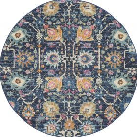 4' Navy Blue Round Floral Power Loom Area Rug