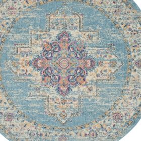 4' Light Blue Round Southwestern Power Loom Area Rug