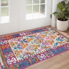 2' X 3' Ivory And Magenta Tribal Pattern Scatter Rug