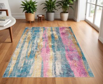 4' X 6' Pink And Blue Abstract Power Loom Area Rug