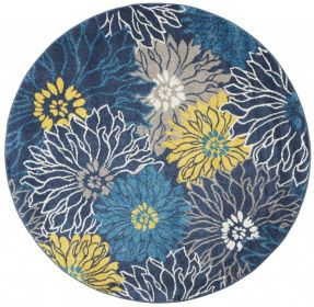 5' Blue Round Floral Power Loom Area Rug