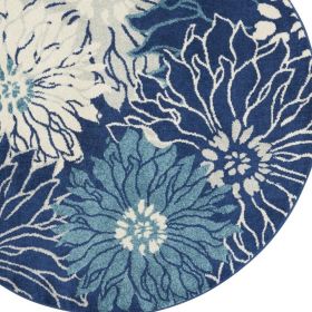 5' Blue And Ivory Round Floral Dhurrie Area Rug