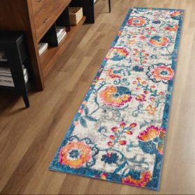 2' X 6' Ivory And Blue Floral Vines Runner Rug