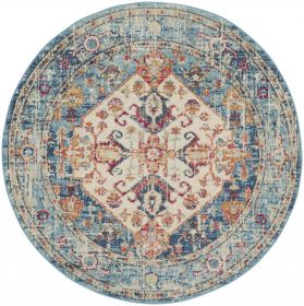 4' Blue And Ivory Round Power Loom Area Rug