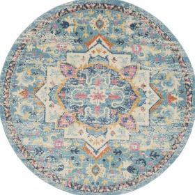 8' Blue And Ivory Round Dhurrie Area Rug