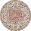 8' Pink And Ivory Round Southwestern Dhurrie Area Rug