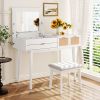 43.3" Classic Wood Makeup Vanity Set with Flip-top Mirror and Stool, Dressing Table with Three Drawers and storage space, White