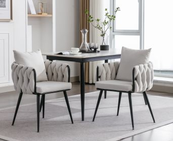 Pure Ivory Modern Velvet Dining Chairs Set of 2 Hand Weaving Accent Chairs Living Room Chairs Upholstered Side Chair with Black Metal Legs for Dining