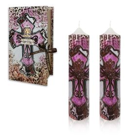 XINAOBAOLUO Pillar Candles 2''x8'' Pink Crosses Deluxe Gift Set of 2