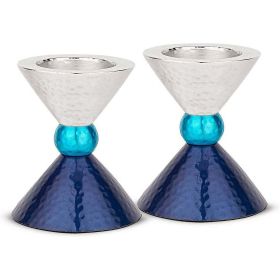 Zion Judaica Modern Tealight Candles Shabbat Candles Holders (2) Anodized Metal Blue Tones & Silver