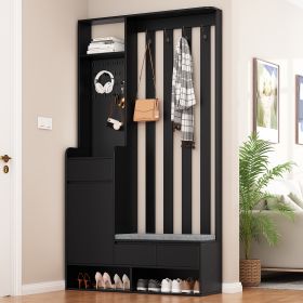 ON-TREND Contemporary 39.3''Wx70.8''H Hall Tree Storage with Cushioned Storage Bench, Multifunctional Hallway Shoe Cabinet with Pegboard