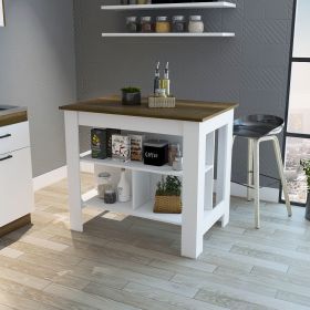 Cala Kitchen Island, Four Legs, Three Shelves -White / Walnut