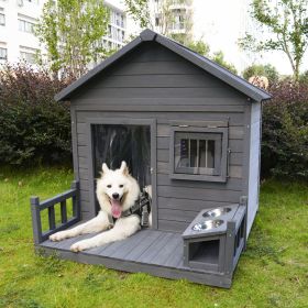 Large dog house, 44.2" long x 44.6" wide x 44.6" high solid wood asphalt roof dog house for large dogs with large terrace