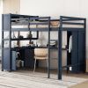 Wood Loft Bed full size w/Cabinet and Bookshelf, w/Wardrobe and Desk, Dark Blue