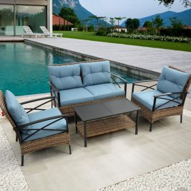 Patio 4 piece sectional low dining conversation sofa set- KD rattan wicker outdoor garden furniture corner sofa set with cushion.