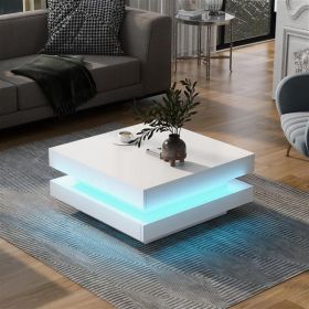 High Gloss Minimalist Design with LED Lights, 2-Tier Square Coffee Table, Center Table for Living Room, 31.5''x31.5''x14.2'', White