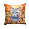 British Shorthair Cat in Fall Leaves Throw Pillow Machine Washable, Indoor/Outdoor 14Hx14W