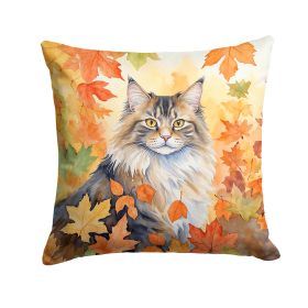 Norwegian Forest Cat in Fall Leaves Throw Pillow Machine Washable, Indoor Outdoor Decorative Pillow for Couch, Bed or Patio, 14Hx14W