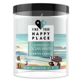 Find Your Happy Place, Ocean Waves Sea Salt and Water Blossom Scented Candle, 3.25" x 3.25"  Blk