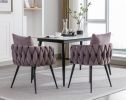 Pure Purple Modern Velvet Dining Chairs Set of 2 Hand Weaving Accent Chairs Living Room Chairs Upholstered Side Chair with Black Metal Legs for Dining