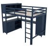 Wood Loft Bed full size w/Cabinet and Bookshelf, w/Wardrobe and Desk, Dark Blue