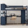 Wood Loft Bed full size w/Cabinet and Bookshelf, w/Wardrobe and Desk, Dark Blue