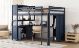 Wood Loft Bed full size w/Cabinet and Bookshelf, w/Wardrobe and Desk, Dark Blue