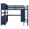 Wood Loft Bed full size w/Cabinet and Bookshelf, w/Wardrobe and Desk, Dark Blue