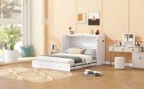 Full Size Murphy Bed Wall Bed with drawer and a set of Sockets & USB Ports, Pulley Structure Design, White