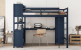 Wood Loft Bed full size w/Cabinet and Bookshelf, w/Wardrobe and Desk, Dark Blue