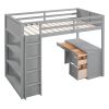 Twin Size Loft Bed with Ladder, Shelves, and Desk, Gray