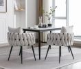 Pure Ivory Modern Velvet Dining Chairs Set of 2 Hand Weaving Accent Chairs Living Room Chairs Upholstered Side Chair with Black Metal Legs for Dining