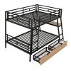 Full Size Metal Bunk Bed with Built-in Desk, Light and 2 Drawers, Black