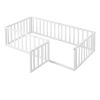 Twin Size Wood Floor Bed Frame with Fence and Door, White