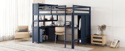 Wood Loft Bed full size w/Cabinet and Bookshelf, w/Wardrobe and Desk, Dark Blue