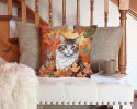 La Perm Cat in Fall Leaves Throw Pillow Machine Washable, Indoor/Outdoor 14Hx14W