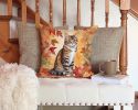 California Spangled Cat in Fall Leaves Throw Pillow Machine Washable, Indoor Outdoor Decorative Pillow for Couch, Bed or Patio, 14Hx14W