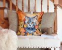 British Shorthair Cat in Fall Leaves Throw Pillow Machine Washable, Indoor/Outdoor 14Hx14W